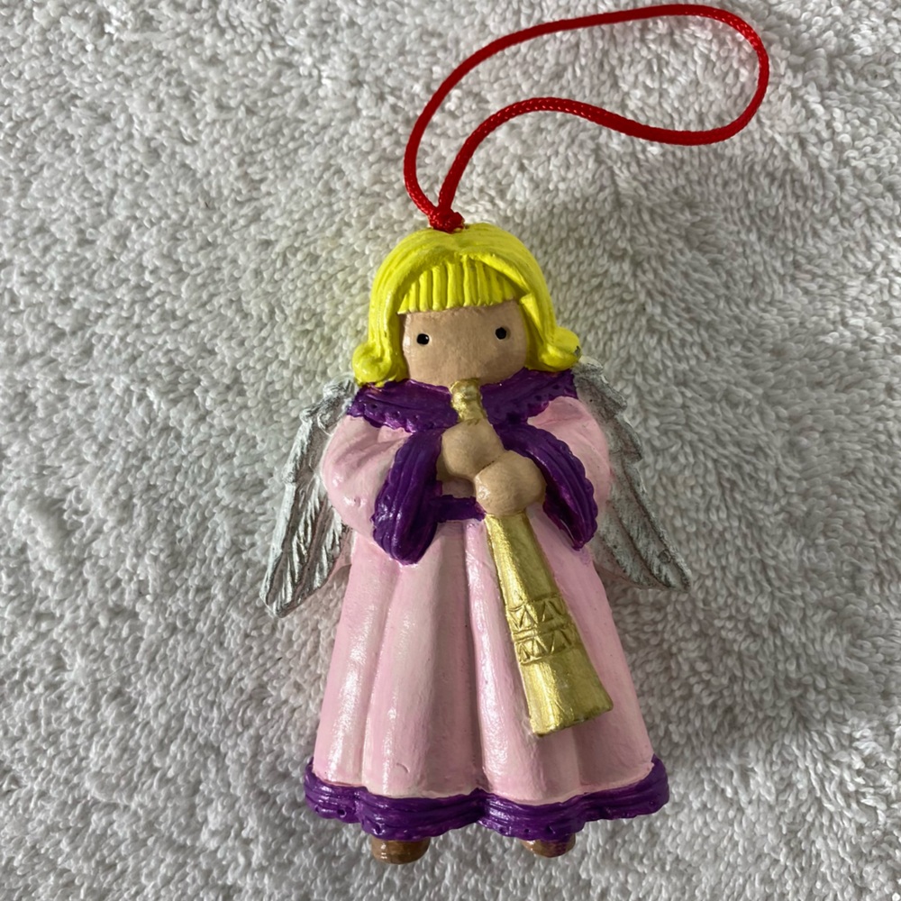 5/$35 Vintage Hand Painted Pink Angel W Horn Ceramic Christmas Tree Ornament